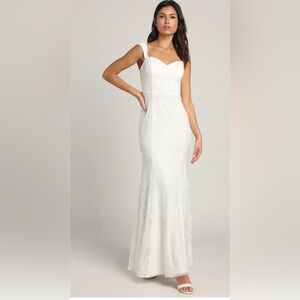 White Lace Lulus Say Yes Wedding Off-the-Shoulder Mermaid Maxi Dress Small